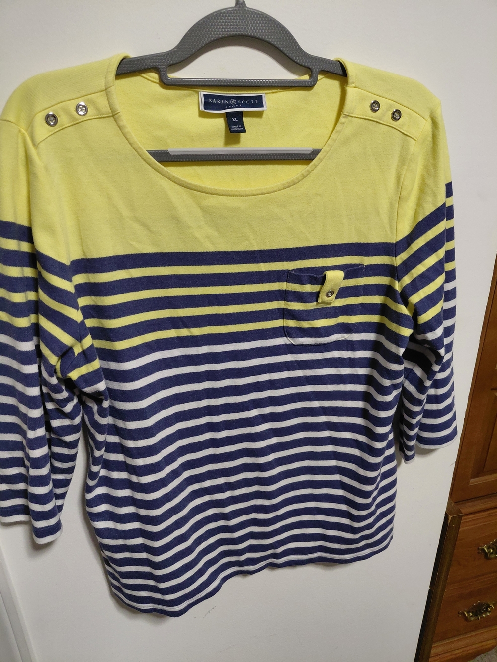 Karen Scott Yellow & Navy Striped Womens Top